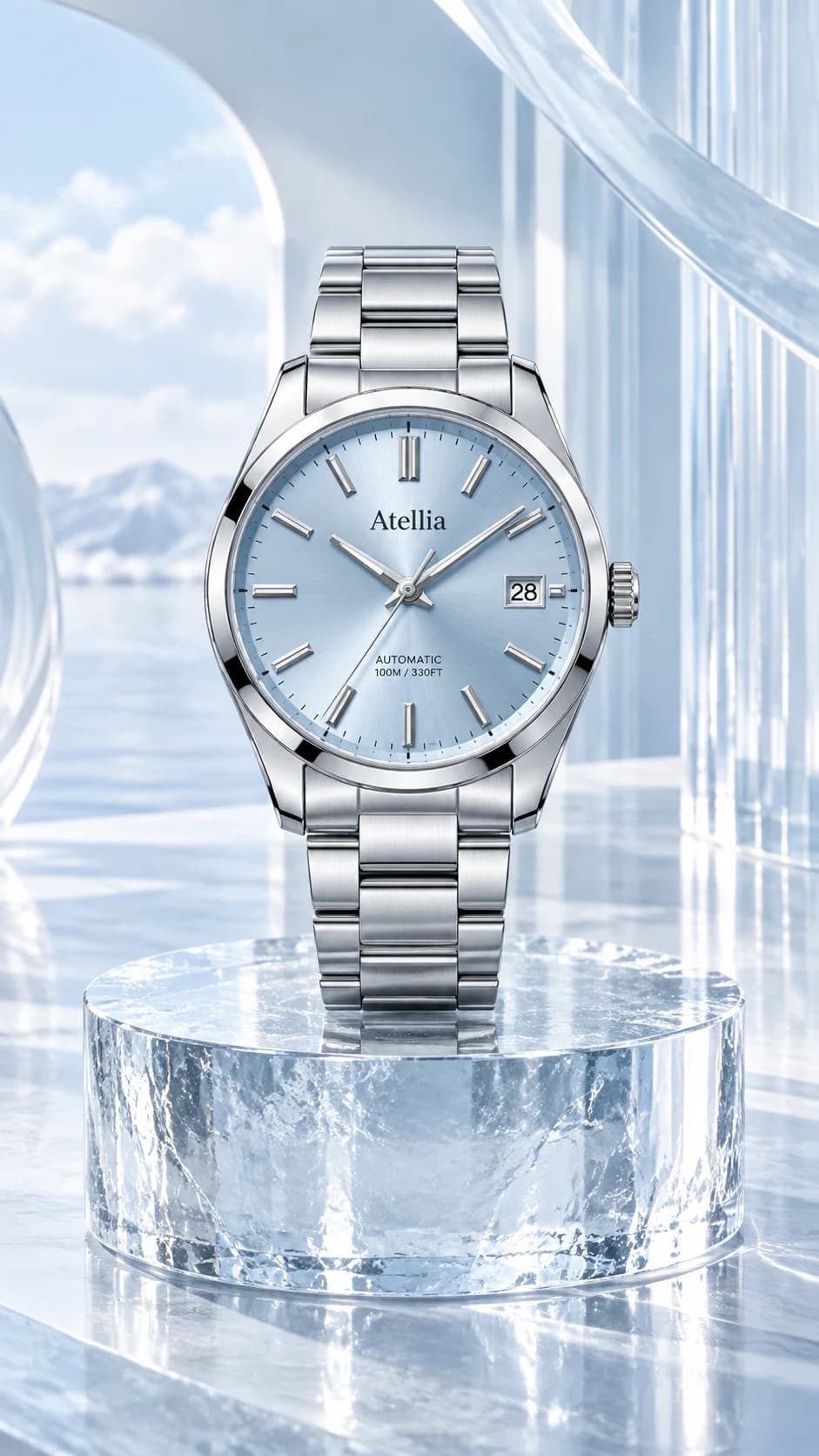 Watches campaign photograph in Atellia's cloud-blue palette