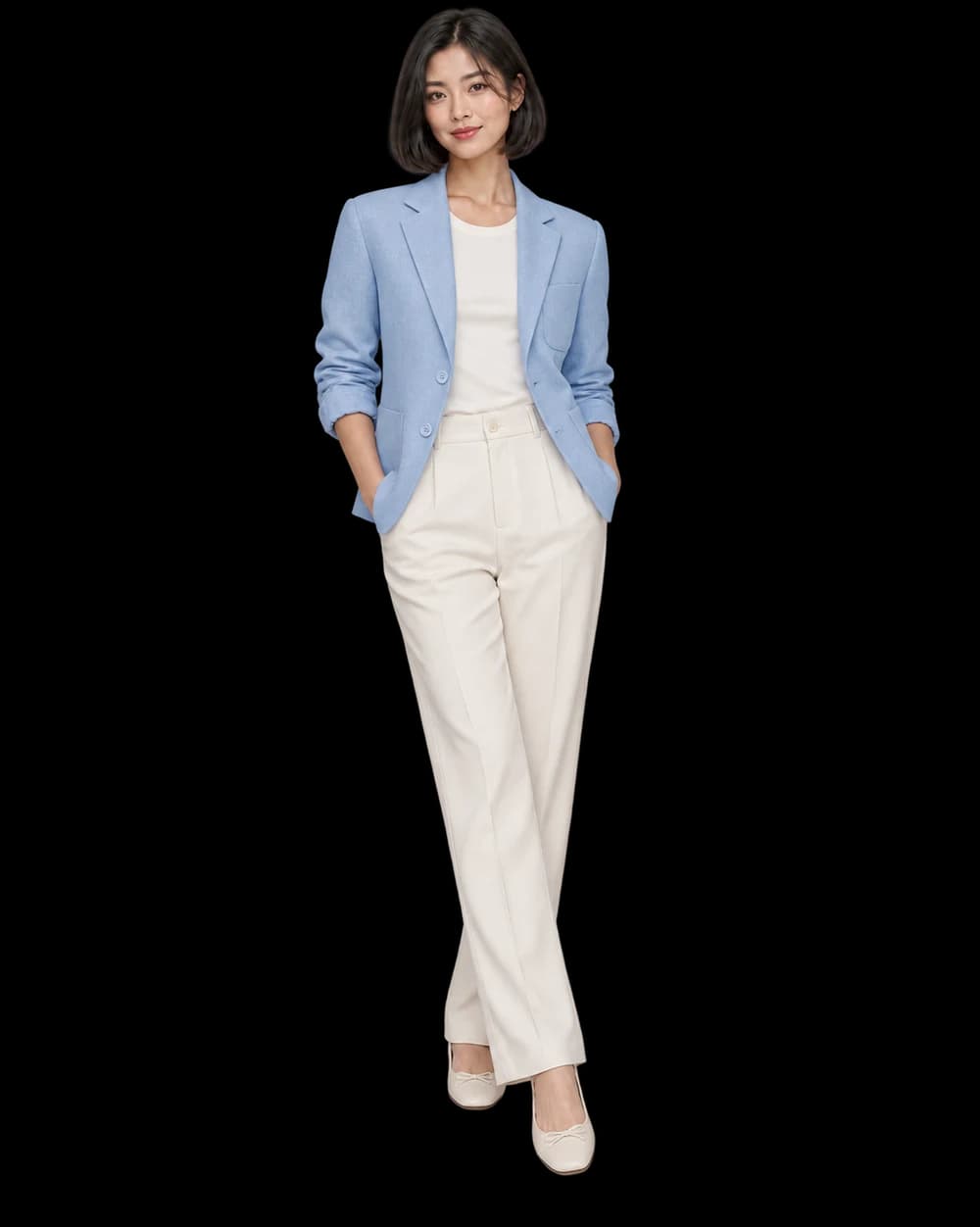 Illustrative on-model photograph showing a complete powder-blue blazer and light trousers