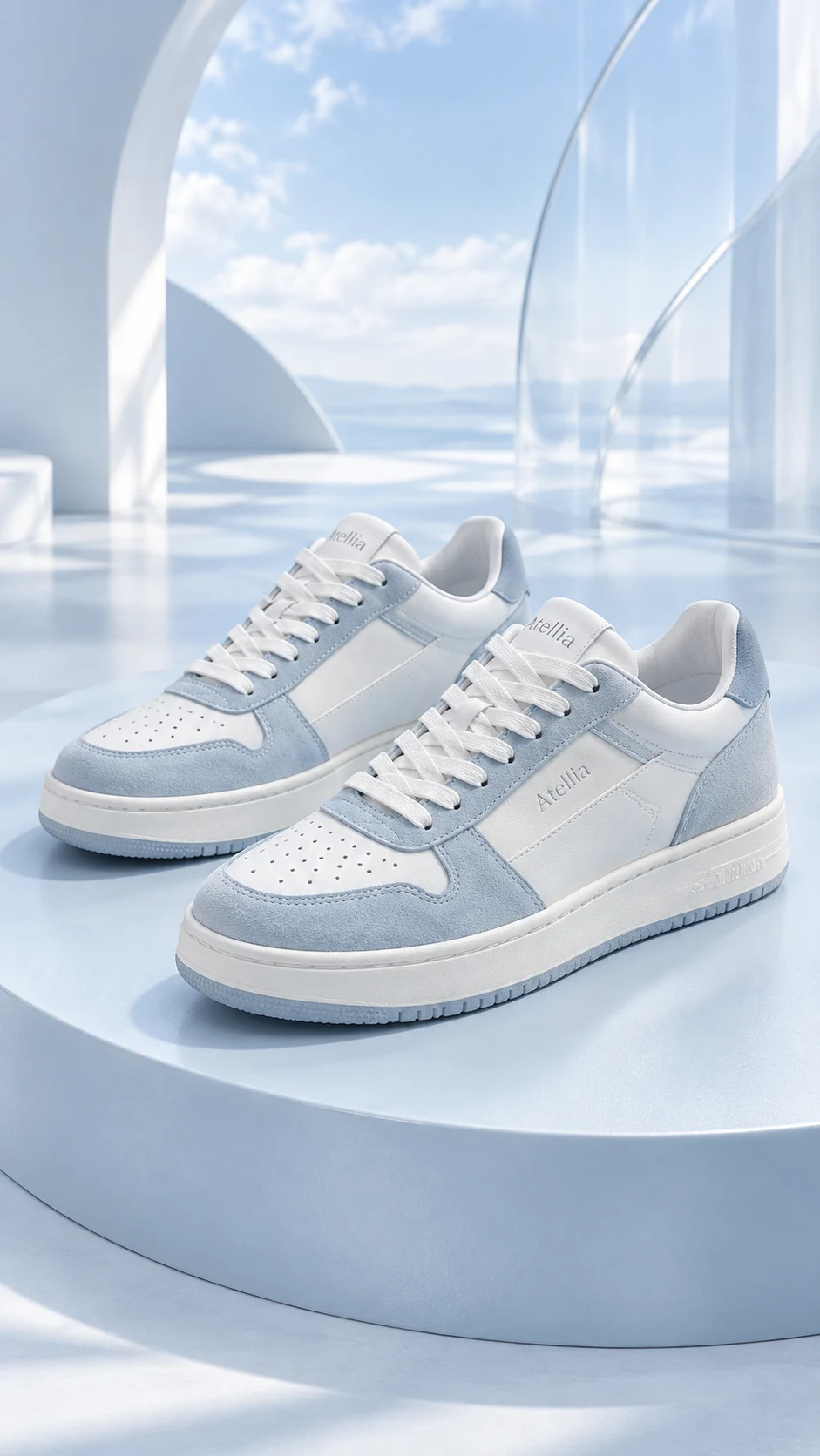 Shoes campaign photograph in Atellia's cloud-blue palette