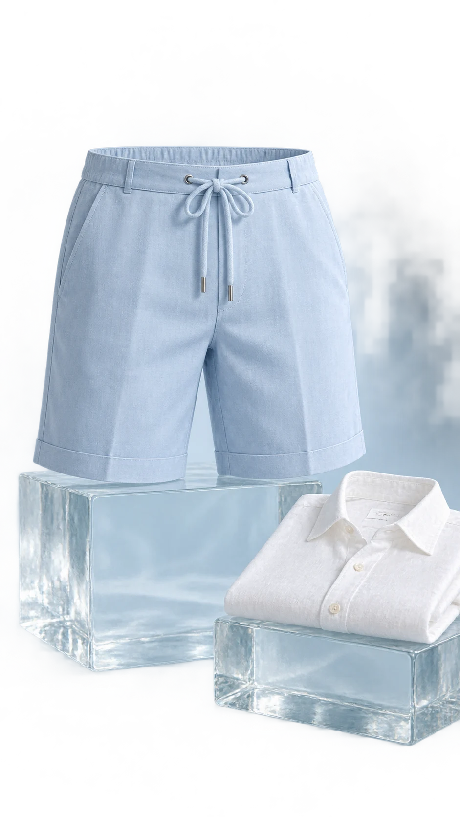 Shorts campaign photograph in Atellia's cloud-blue palette