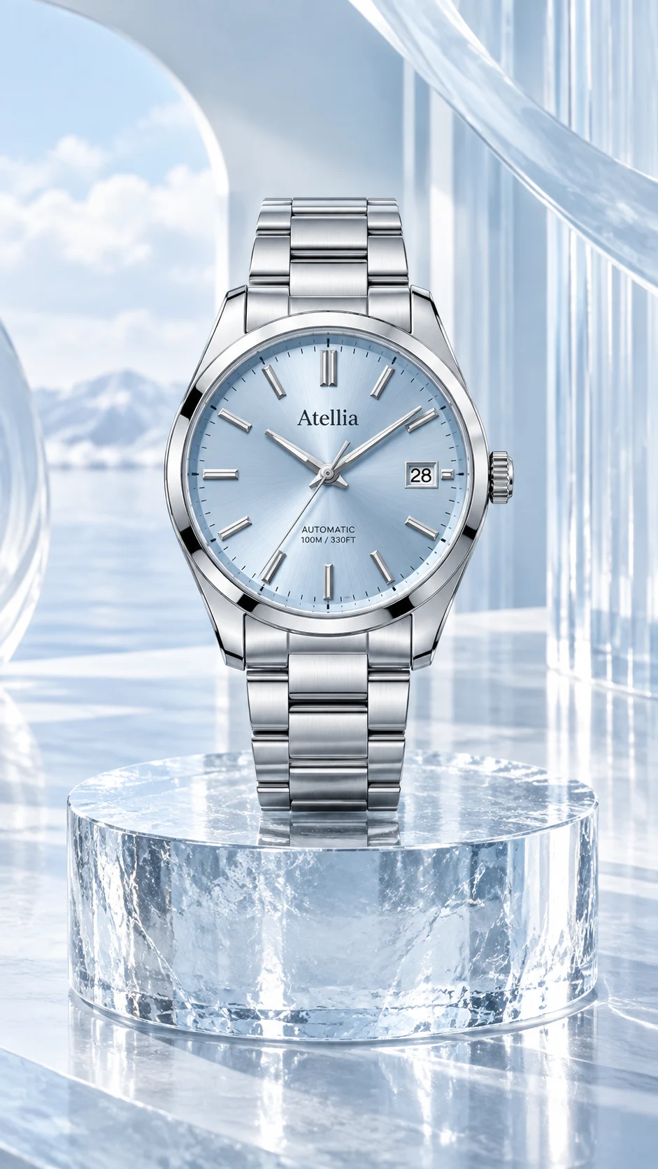 Watches campaign photograph in Atellia's cloud-blue palette